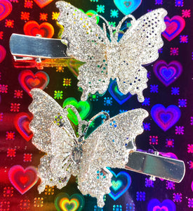 90’s VINTAGE  SILVER GLITTER BUTTERFLY CLIP SET