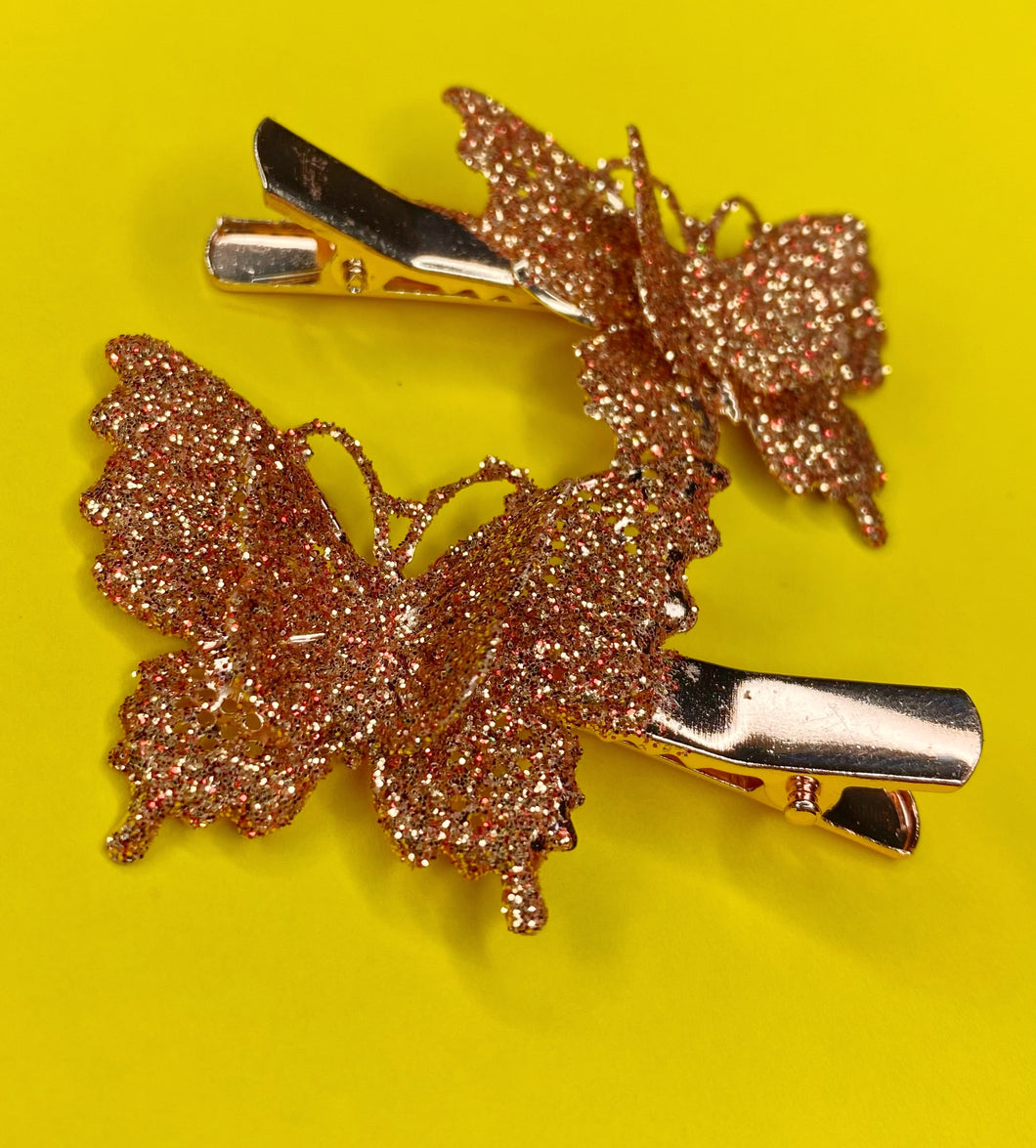 90’s VINTAGE ROSE GOLD GLITTER BUTTERFLY CLIP SET